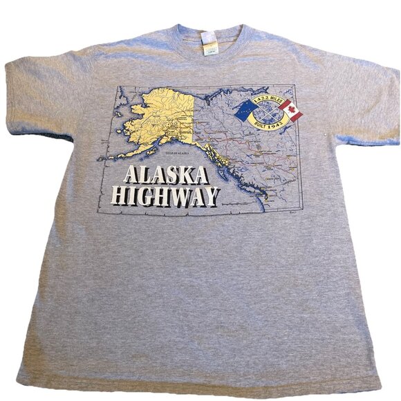 Vintage 90s Alaskan Highway T Shirt Men's Size Large Gray Alaska Map Souvenir - Picture 1 of 11